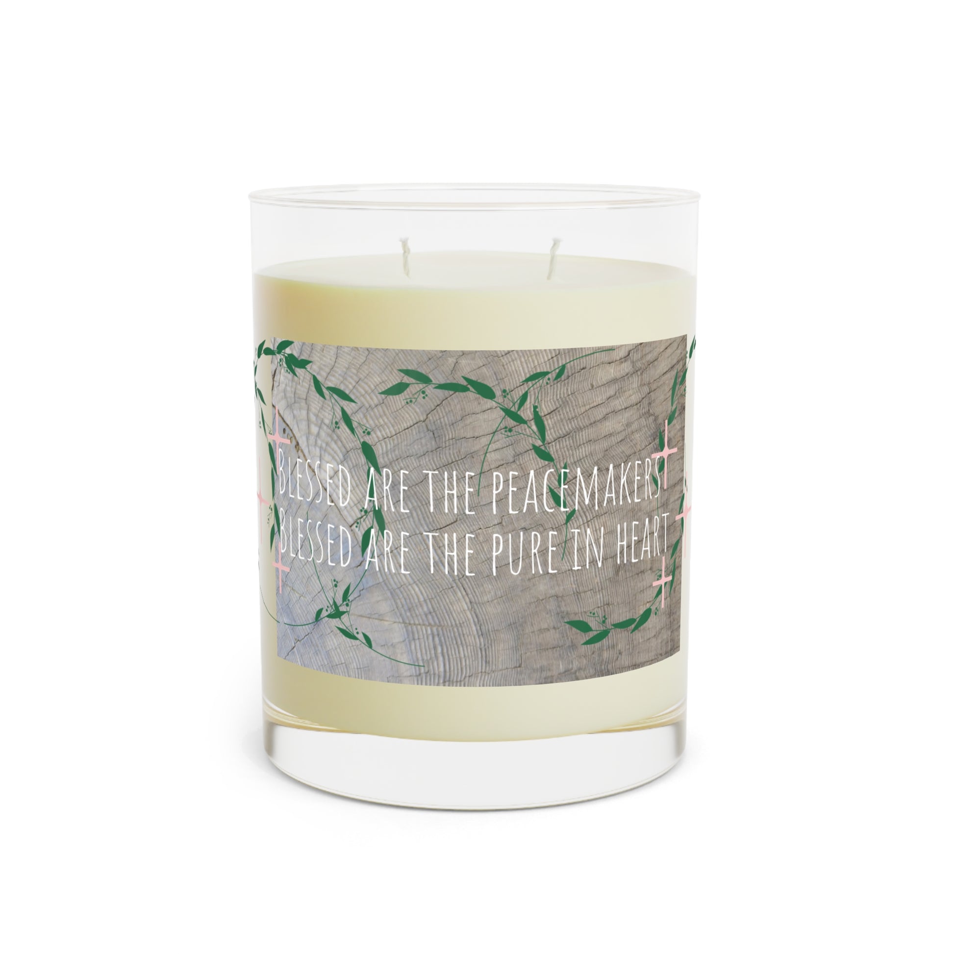 Mindful scented candle featuring Blessed Are The Peacemakers, Blessed Are The Pure In Heart Jesus quotes with a sequoia tree ring design