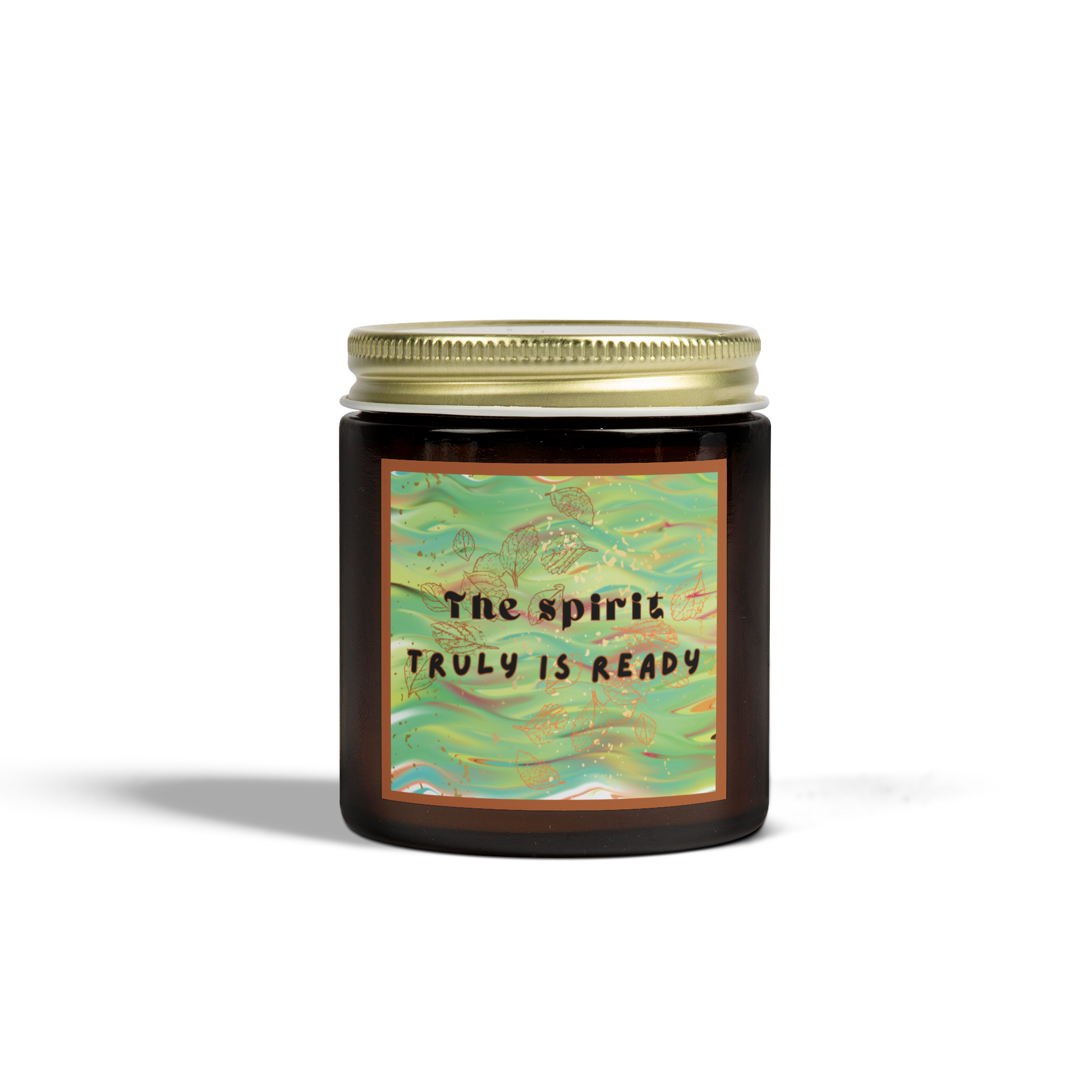 KJV Spiritual Growth Candle with 'The Spirit Truly is Ready' verse, hand-poured in amber glass jar with relaxing brushstroke boho design.
