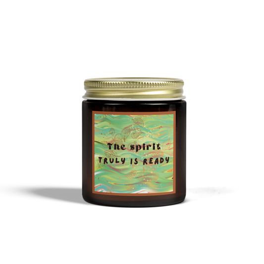 KJV Spiritual Growth Candle with 'The Spirit Truly is Ready' verse, hand-poured in amber glass jar with relaxing brushstroke boho design.