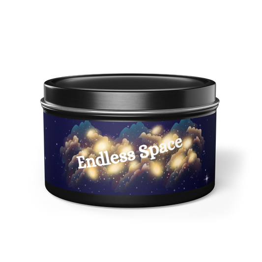 Black tin scented candle, hand poured in usa and made with natural materials. Mesmerizing outer space design with 'endless space' message.