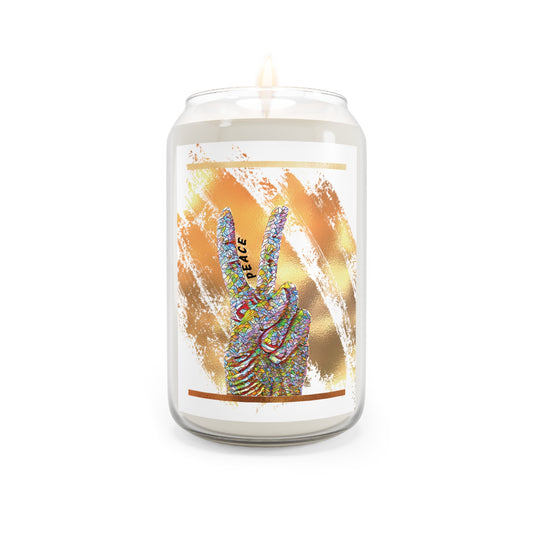Vibrant peace sign hand mosaic and gold overlay design in tall glass container with long lasting burn time of 70 - 80 hours.