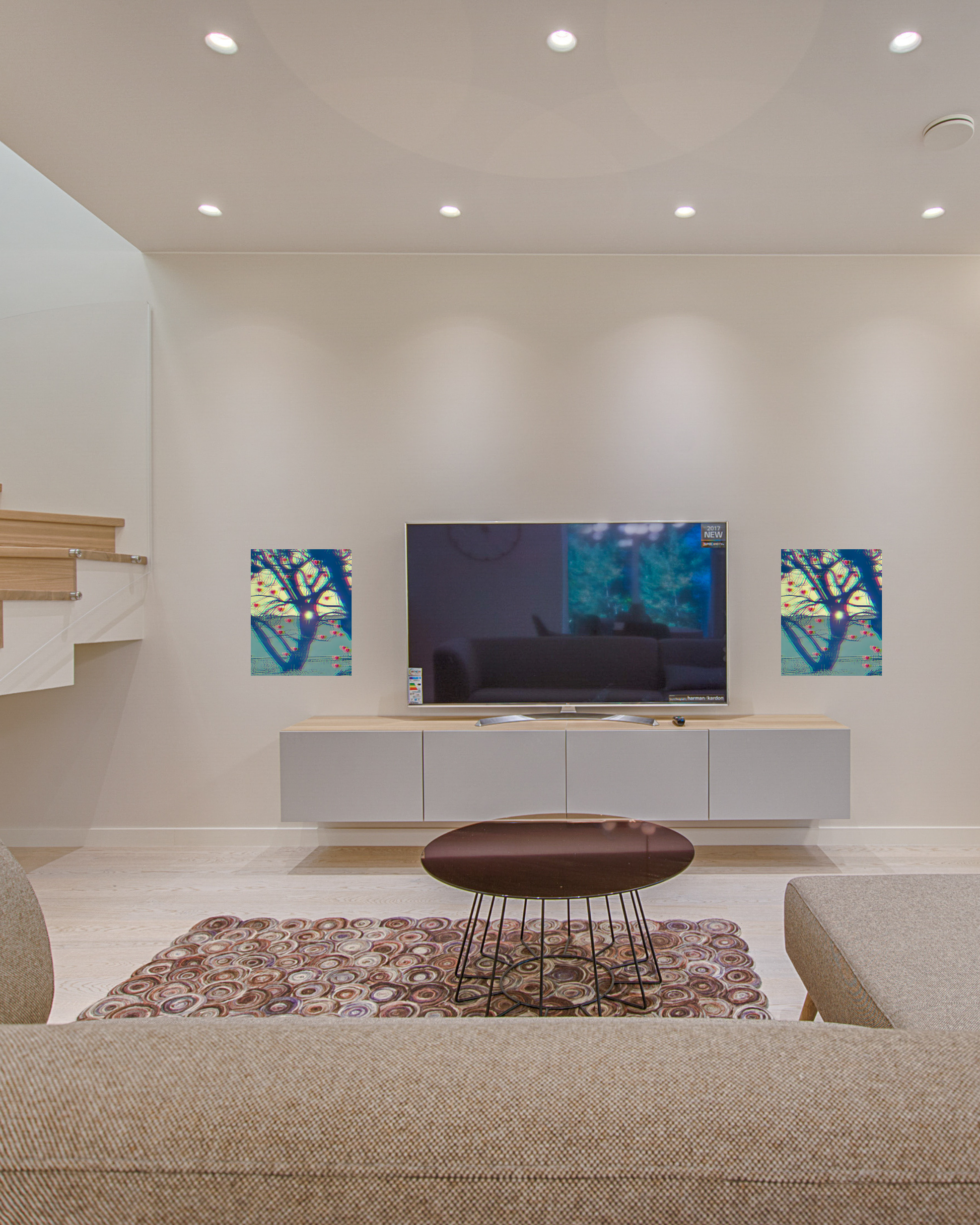 Sunken living room with tv coffee table setup modern decor accentuated with blue love tree wall art print