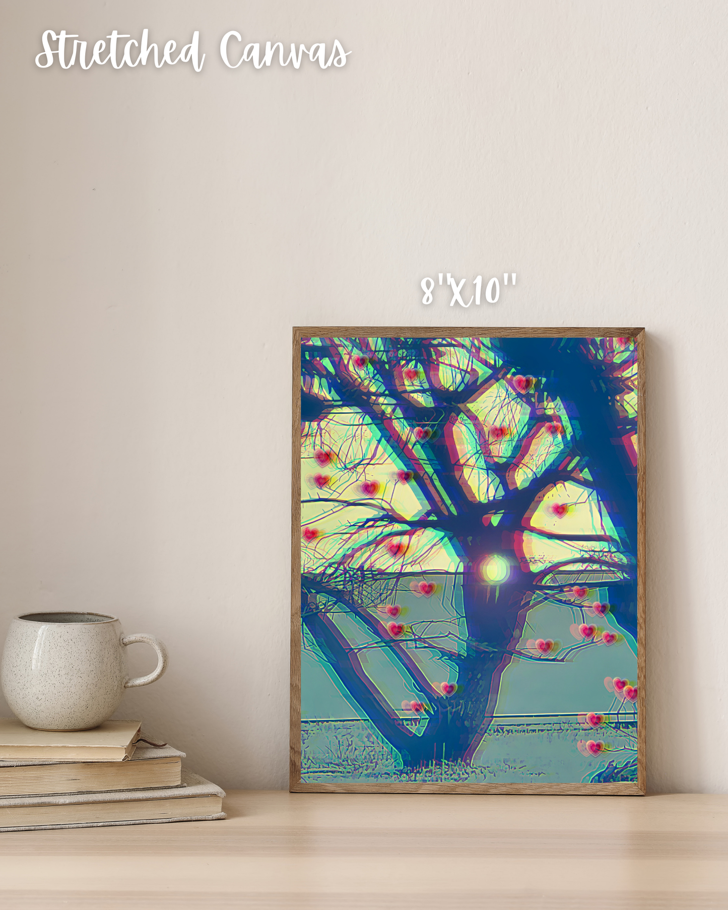 Chromatic art print of a blue tree in winter growing hearts as a sunset peeks through the tree hole in neutral Scandinavian designed backdrop