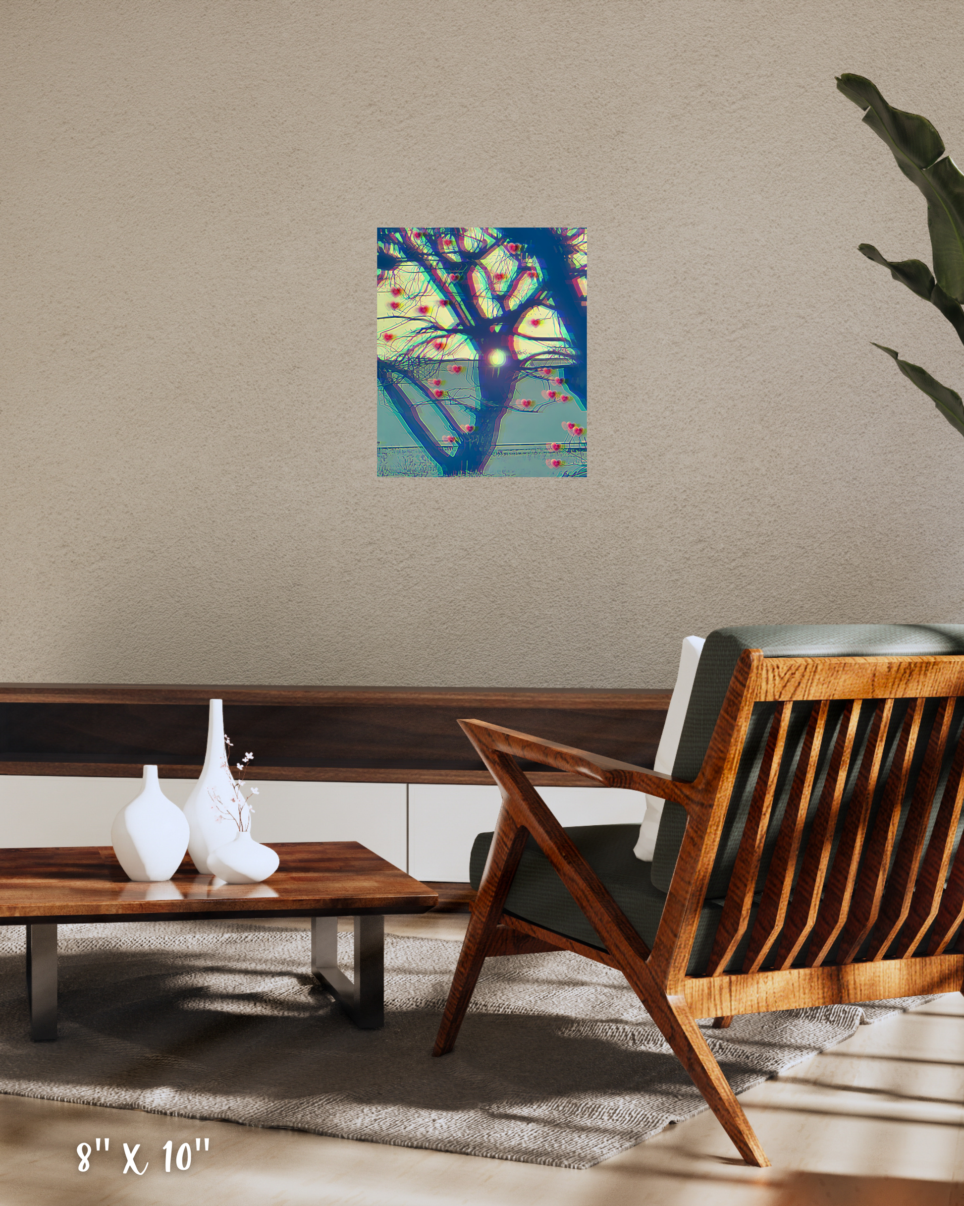 Abstract canvas print with blue hue and tree growing hearts on a wall in a contemporary sitting room