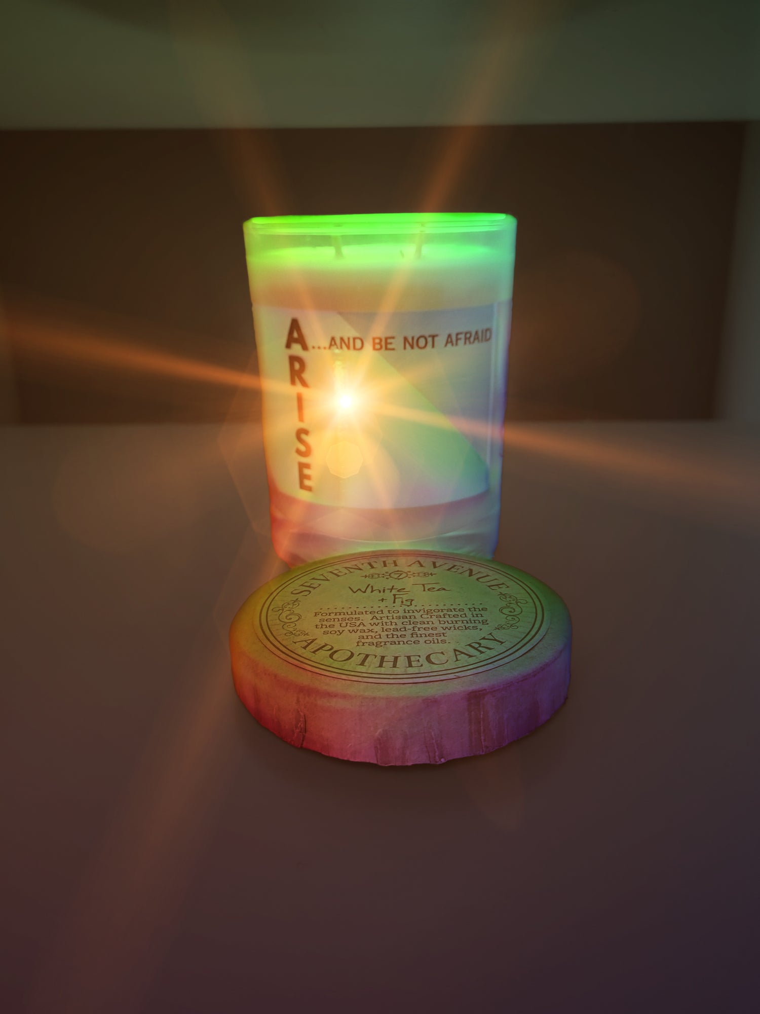natural soy scented candle two wick in glass. Mindful inspirational candle with arise and be not afraid verse and colorful lotus design.
