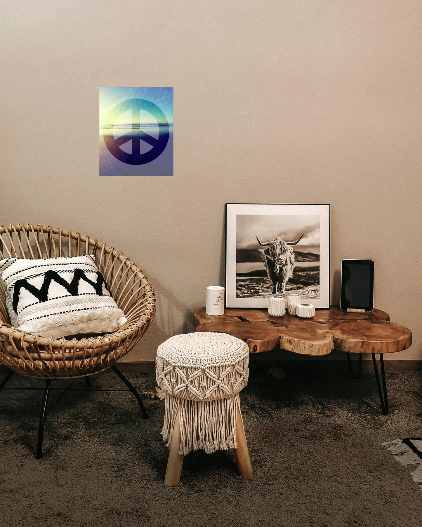 boho southwestern country contemporary living room with ocean art with layered vivid blue tones and subtle peace sign overlay
