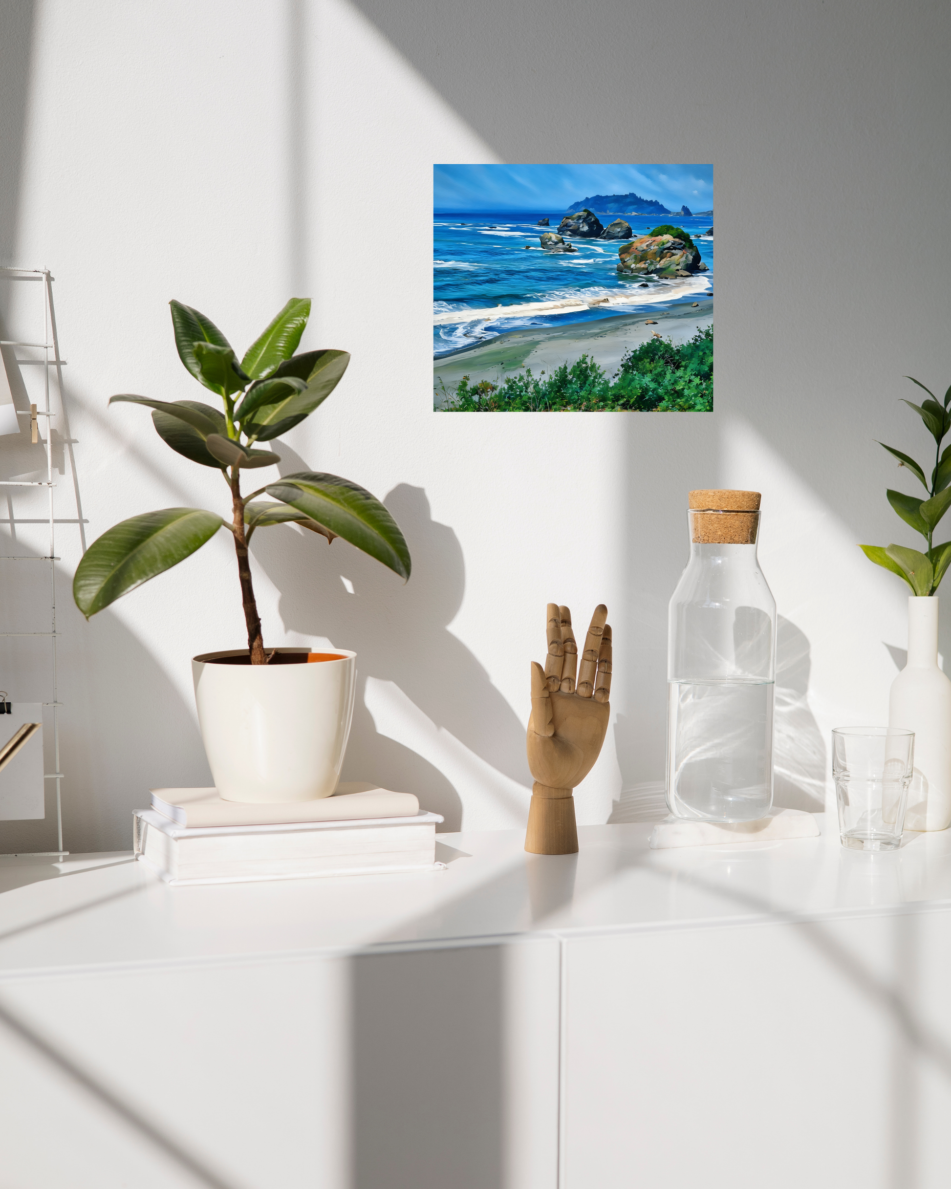 modern eclectic decor with white base and vibrant blue ocean viewpoint art print as focal point