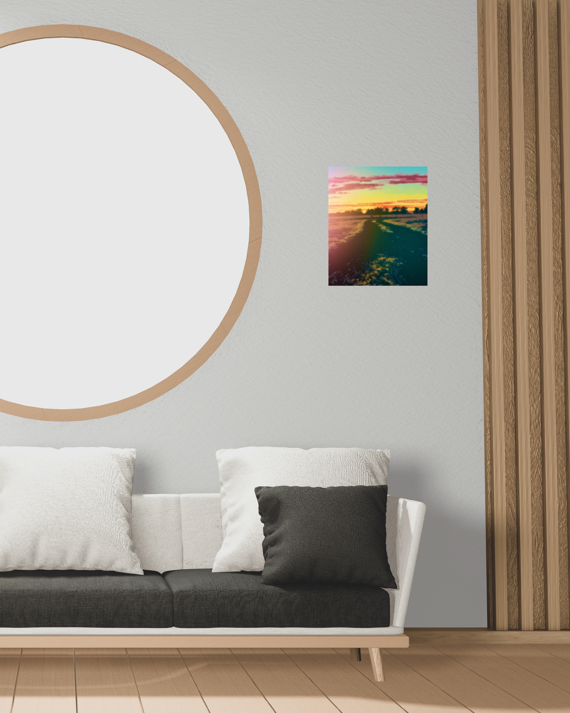 midcentury living room with warm tones and matching sunset country gravel road wall art
