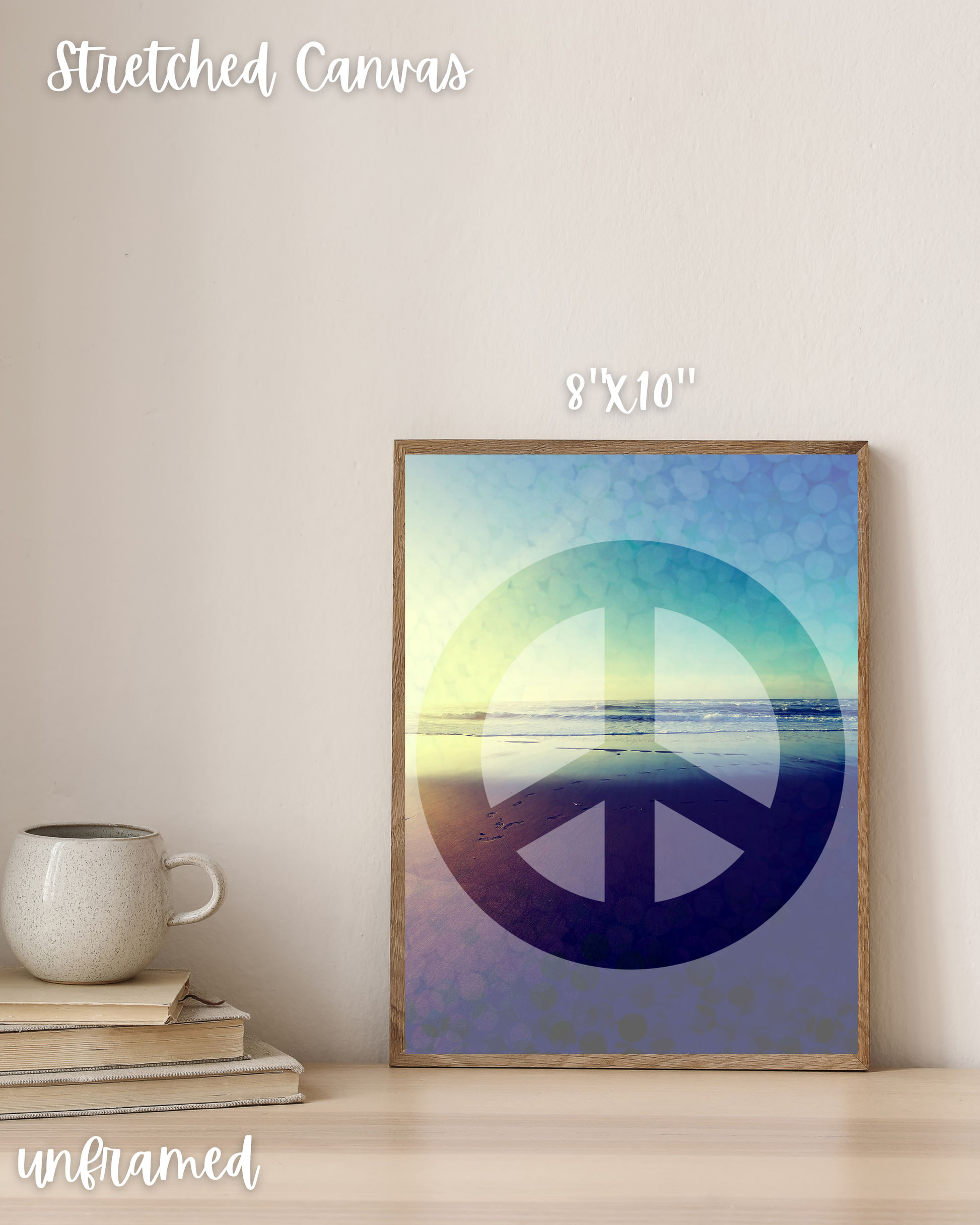neutral home living space with radiant canvas art with peace sign symbol, layered effect, and ocean blues glowing scene