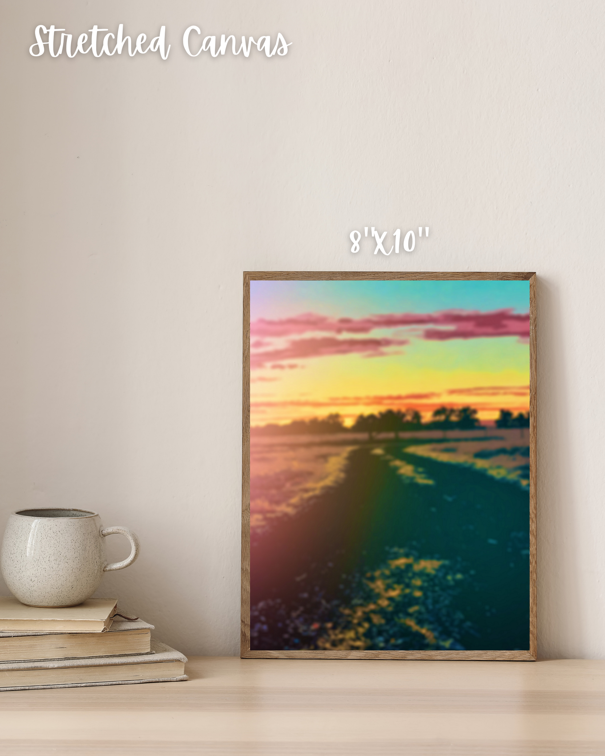 simple coffee table decor with vibrant open road sunset lean art decor