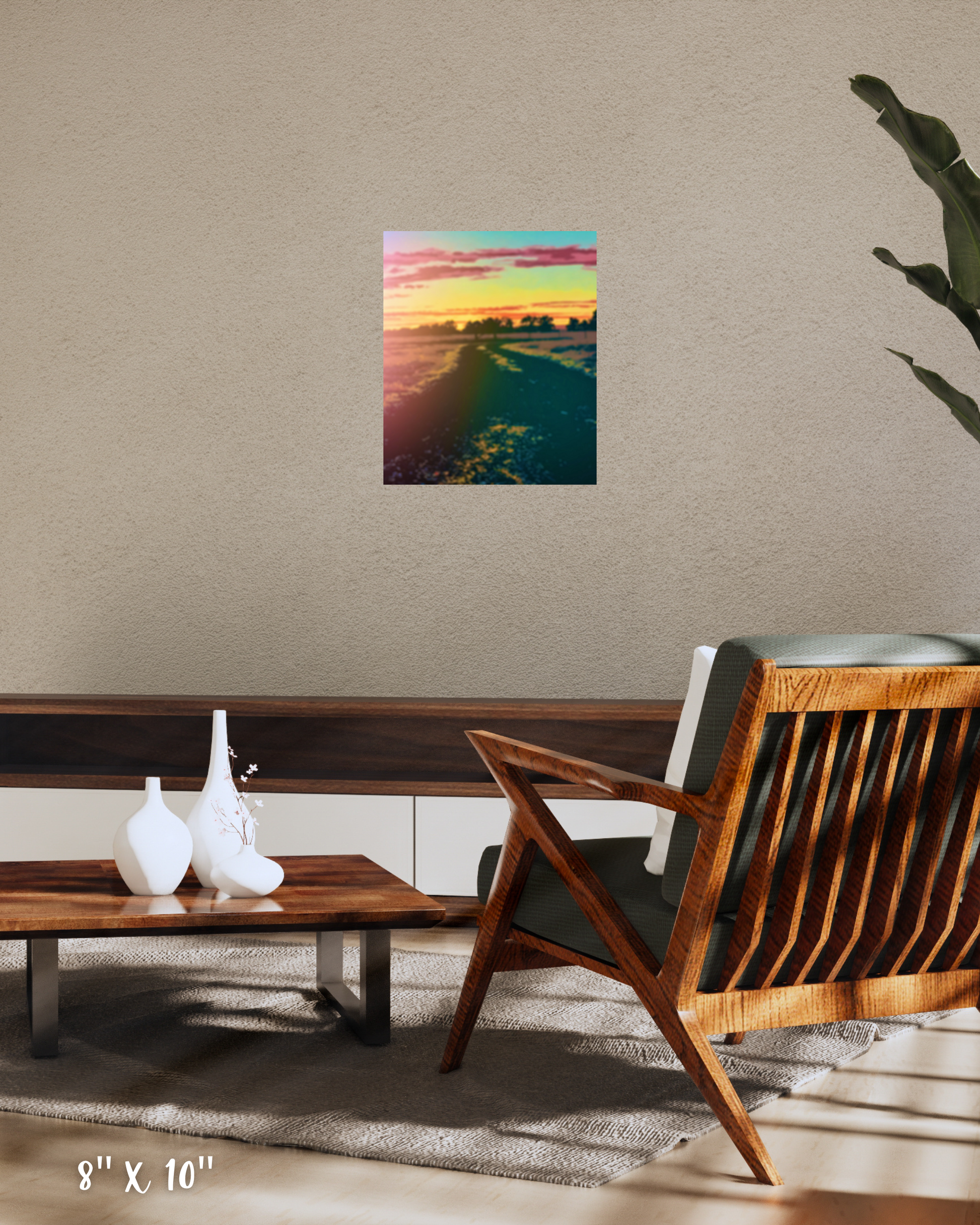 contemporary midcentury modern room with hygge vibes and country road wall art with sunset colors and an easy on the eyes effec