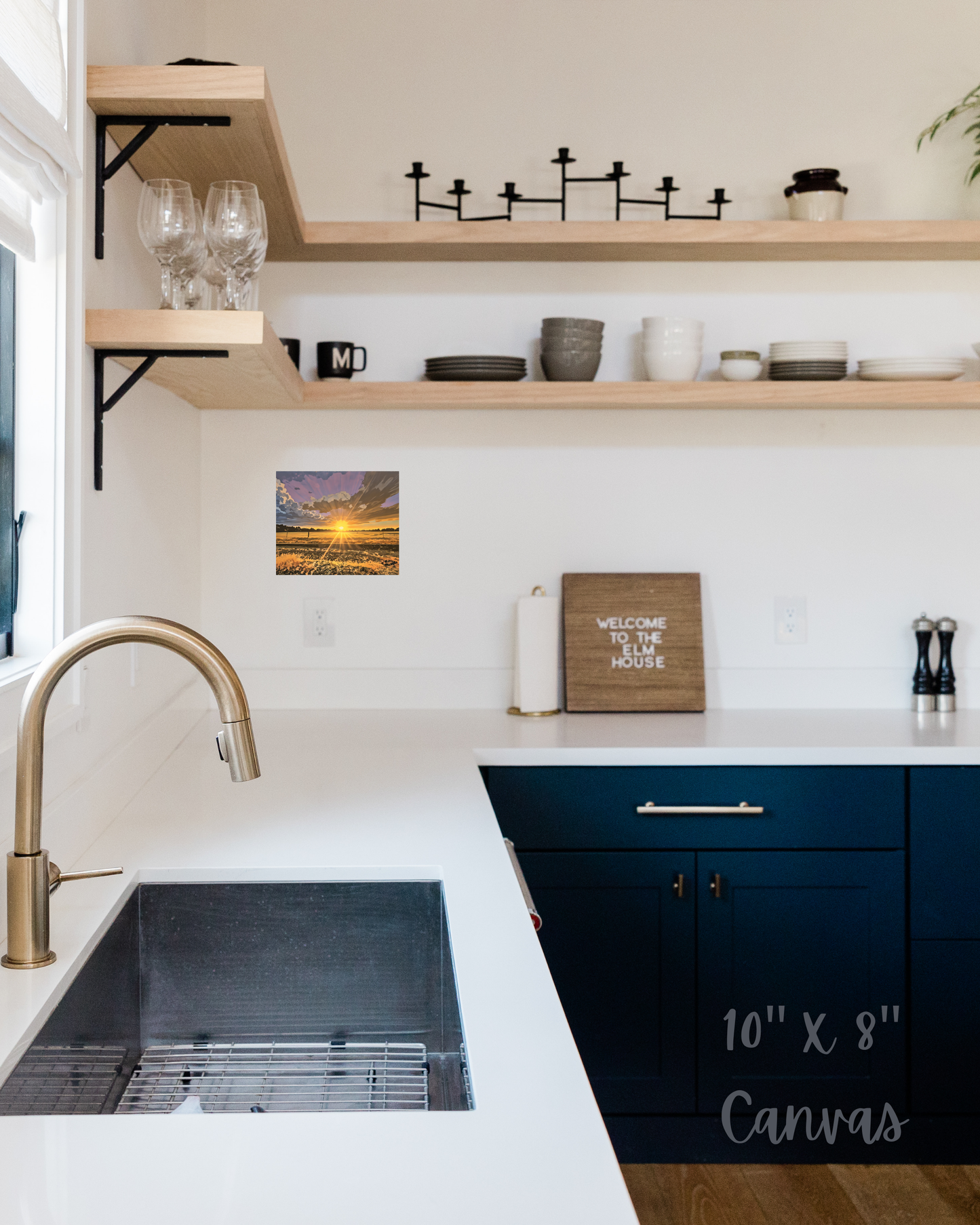 upgraded open kitchen with refreshing wall art depicting a gorgeous sunset piece with golden rays purple skies and hidden message, 'sunshine mind'