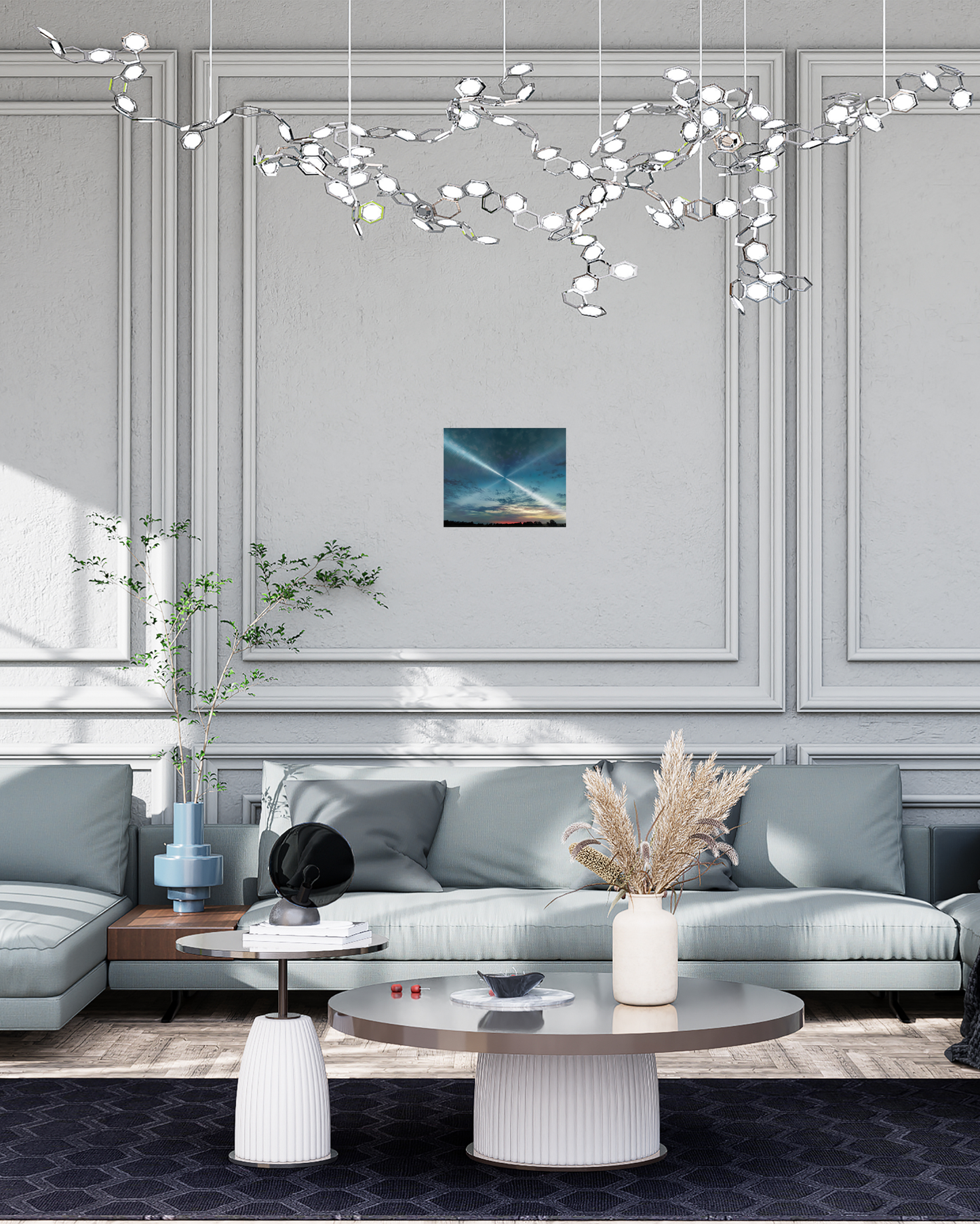 blue upscale contemporary living space with radiant blue sunset wall art with spacious skies