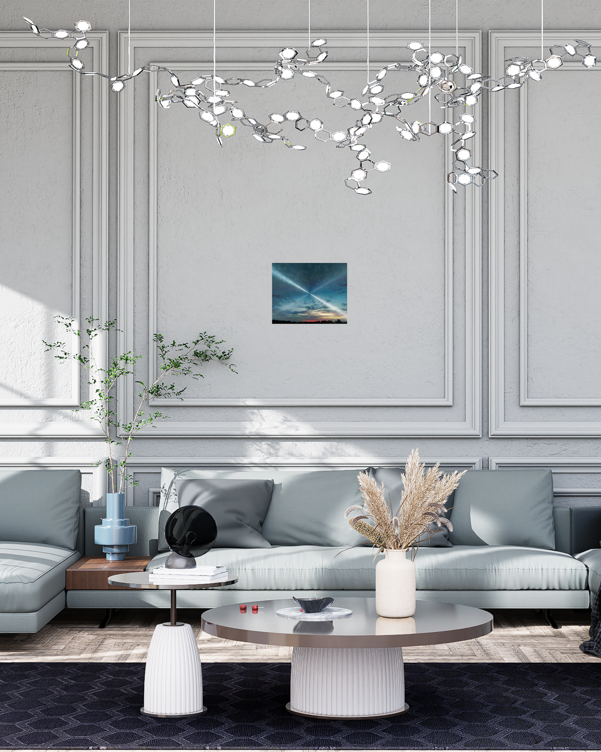 blue upscale contemporary living space with radiant blue sunset wall art with spacious skies