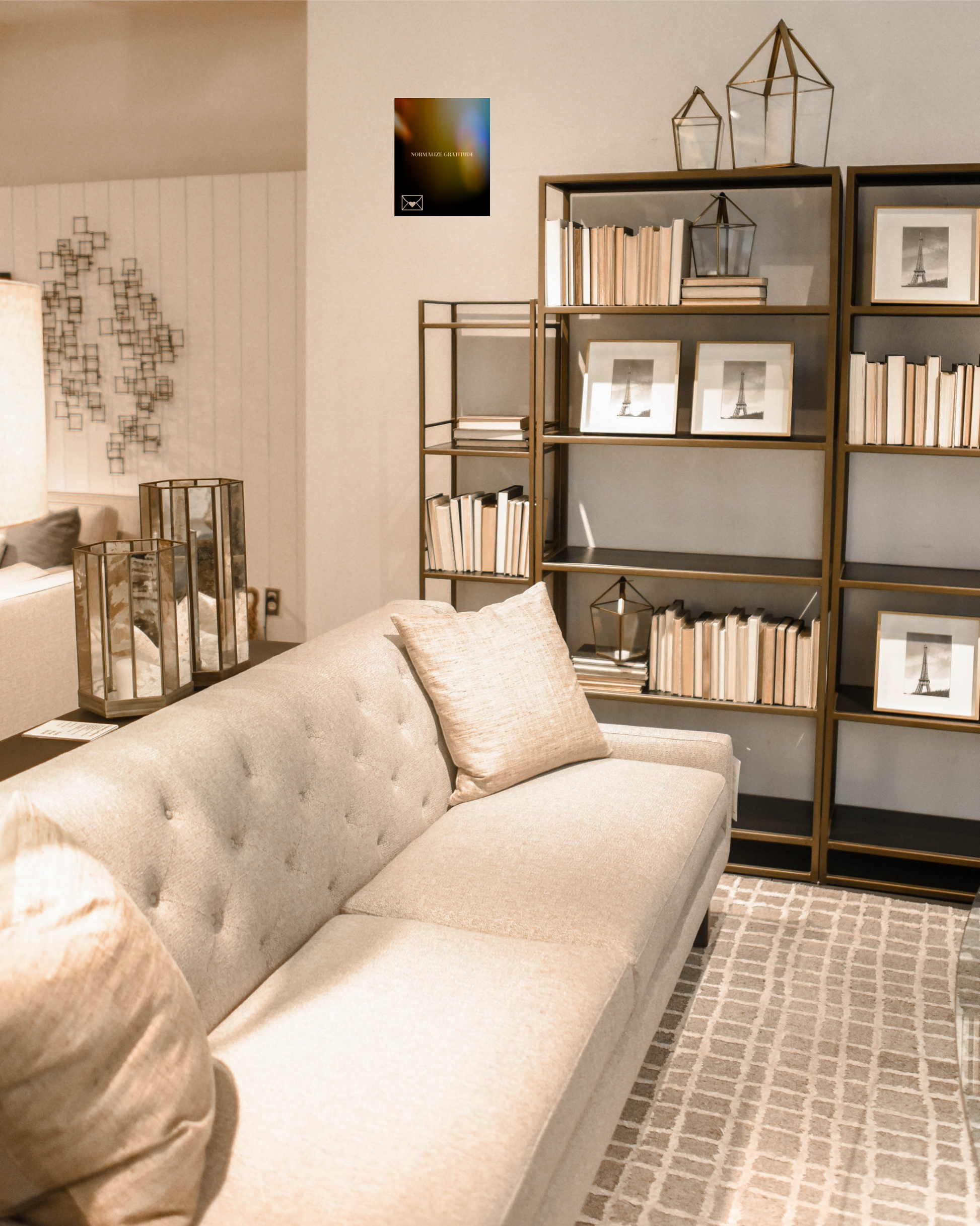 contemporary neutral living room with neutral decor and minimalist gratitude decor with original design