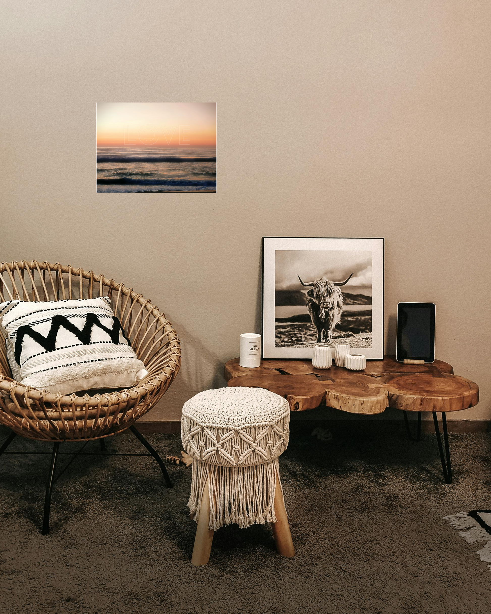 cozy boho western living room with serene ocean wall art decor
