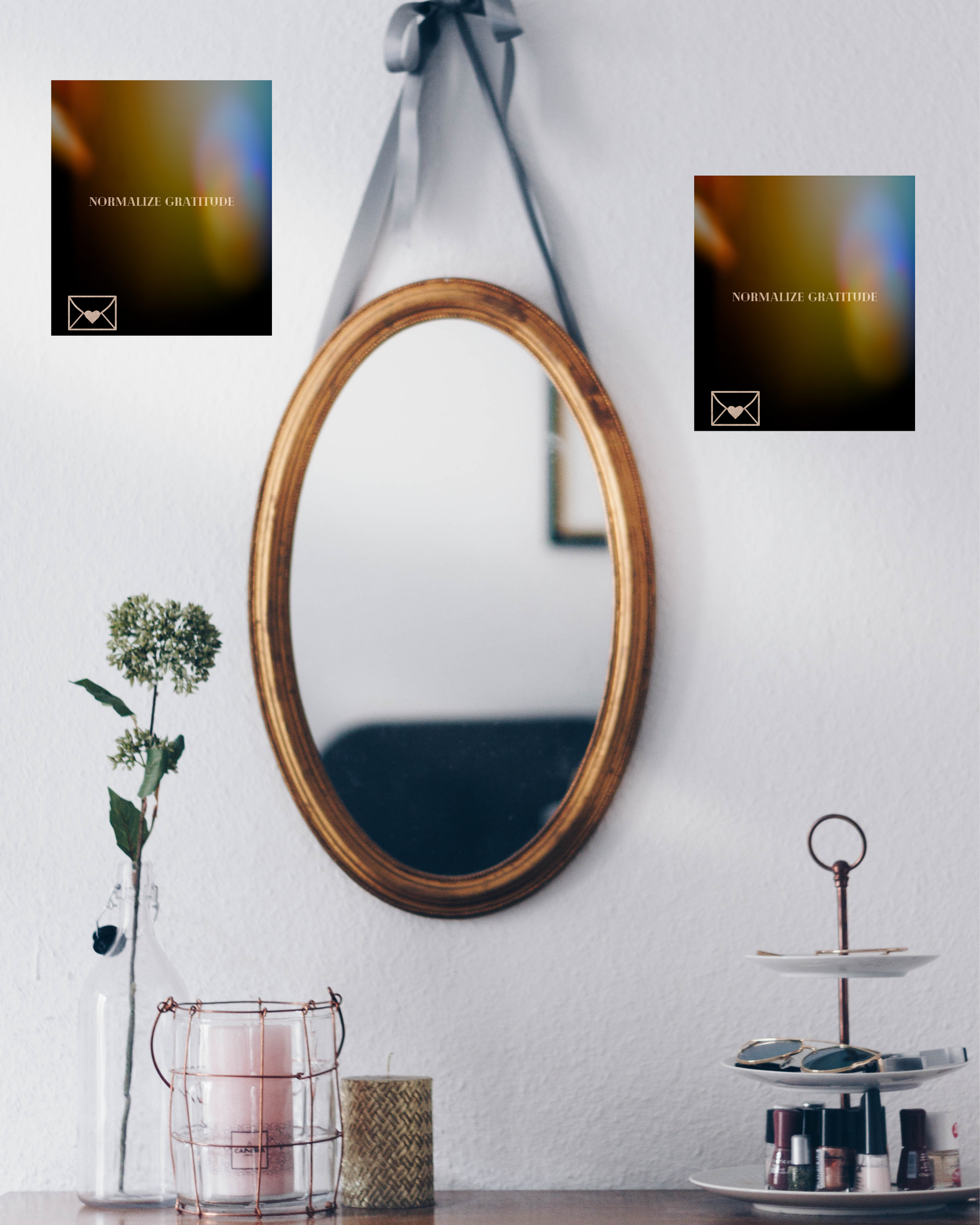 romantic style dressing room with makeup table and 'normalize gratitude' mysterious wall art