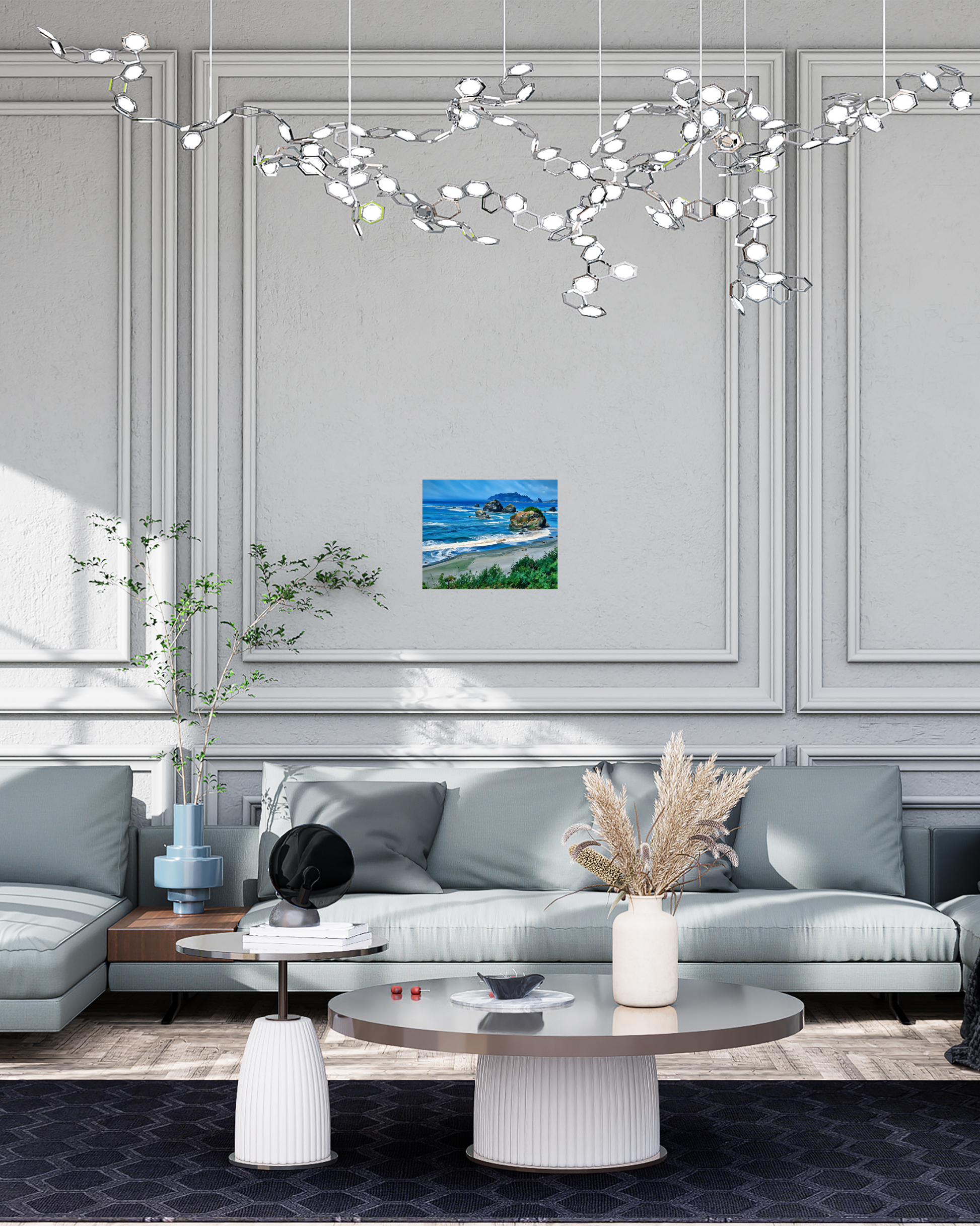 contemporary swanky living room with monochromatic appeal and vibrant pacific ocean landscape art canvas