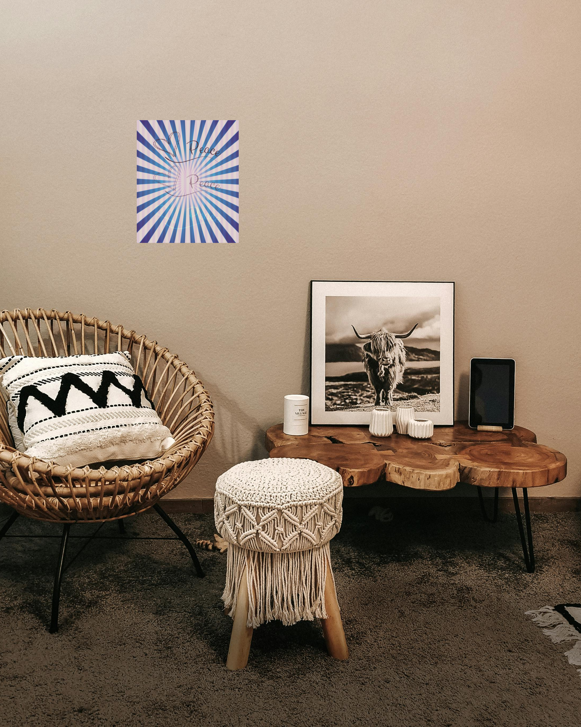 boho western style lounge room with purple art print that pops and depicts peace message