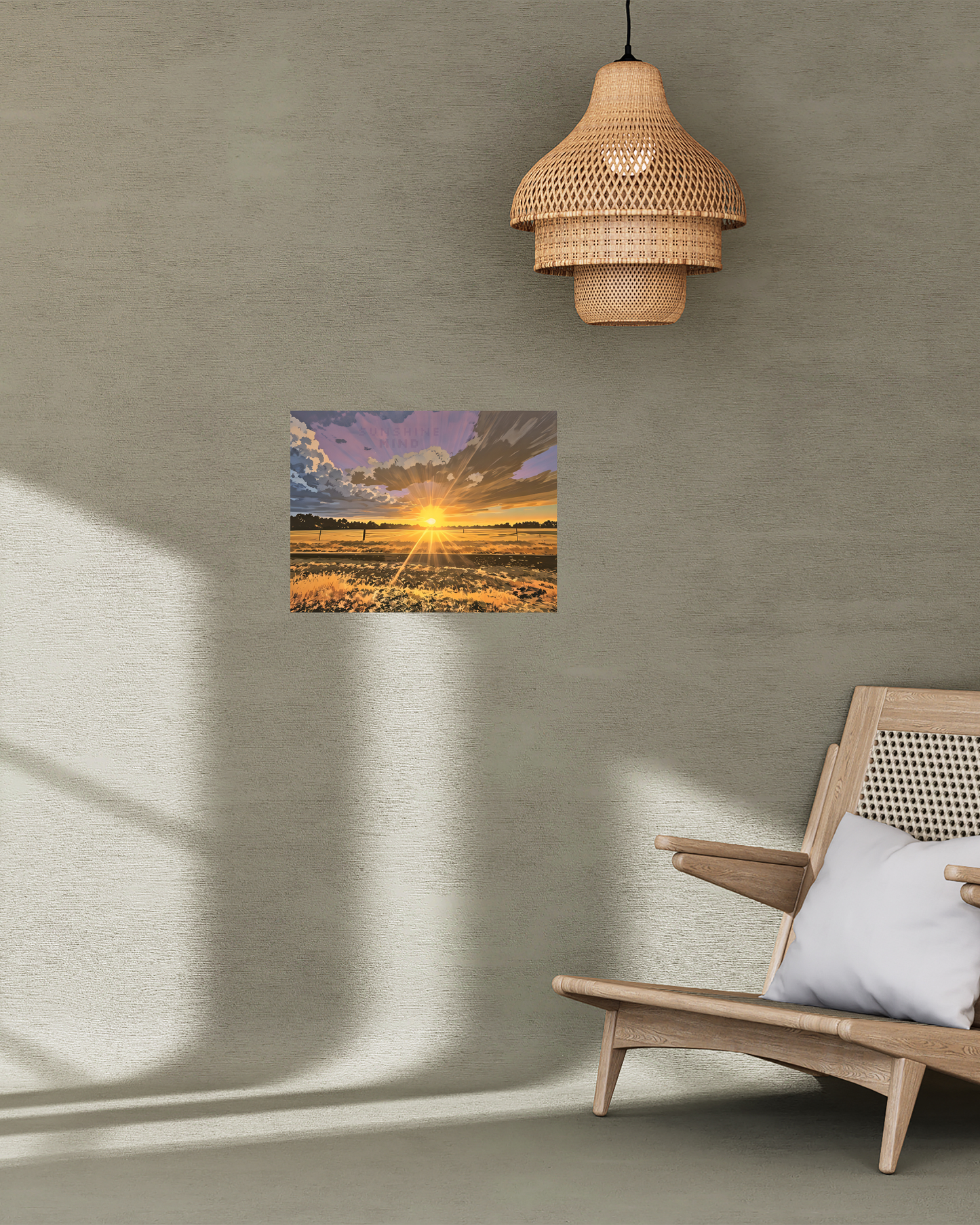 simple asian inspired contemporary decor with earthy tones and original wow sunset art print creates good vibes positive mindset