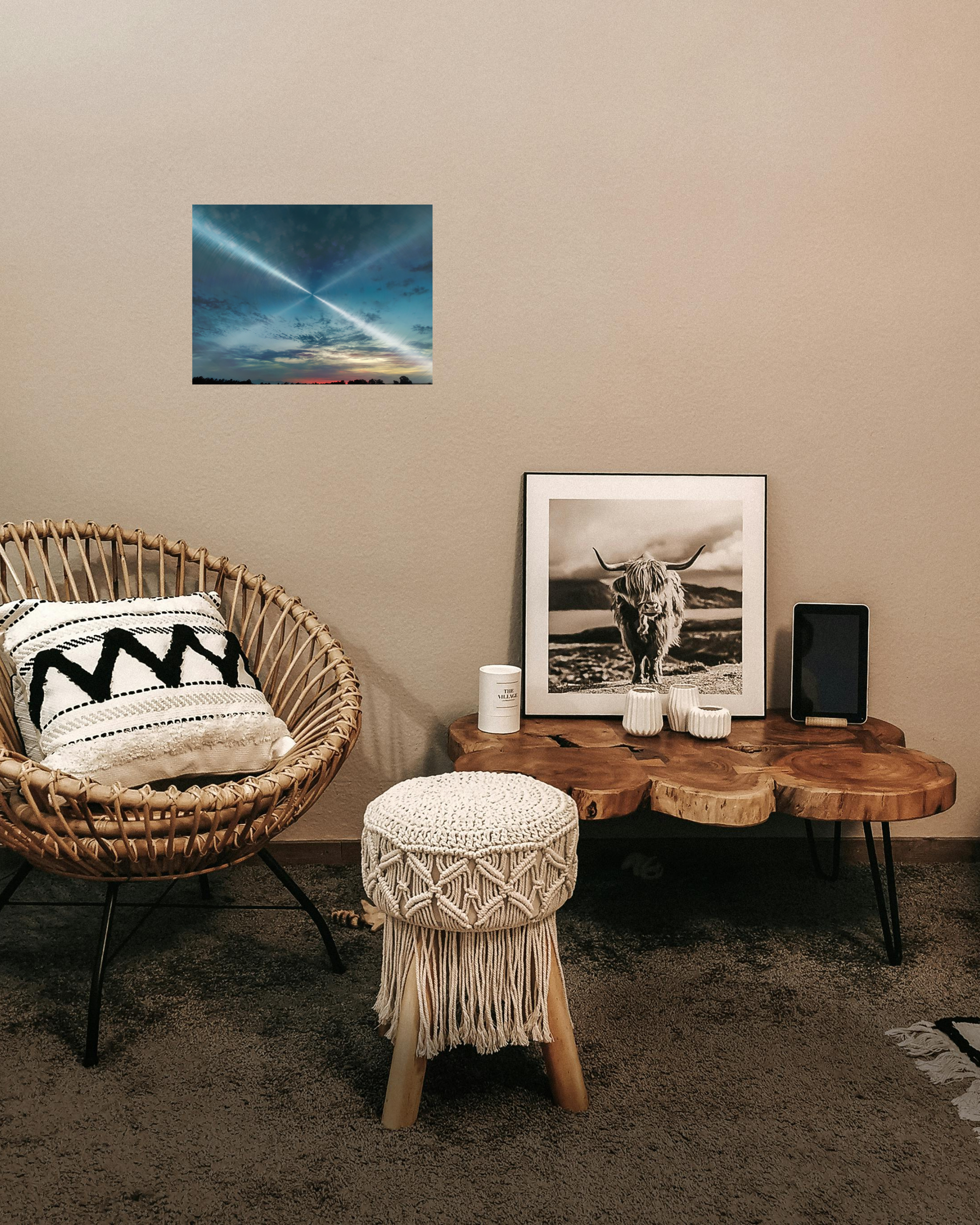 contemporary western style decor with serene blue sunset art with light rays and spacious clouds