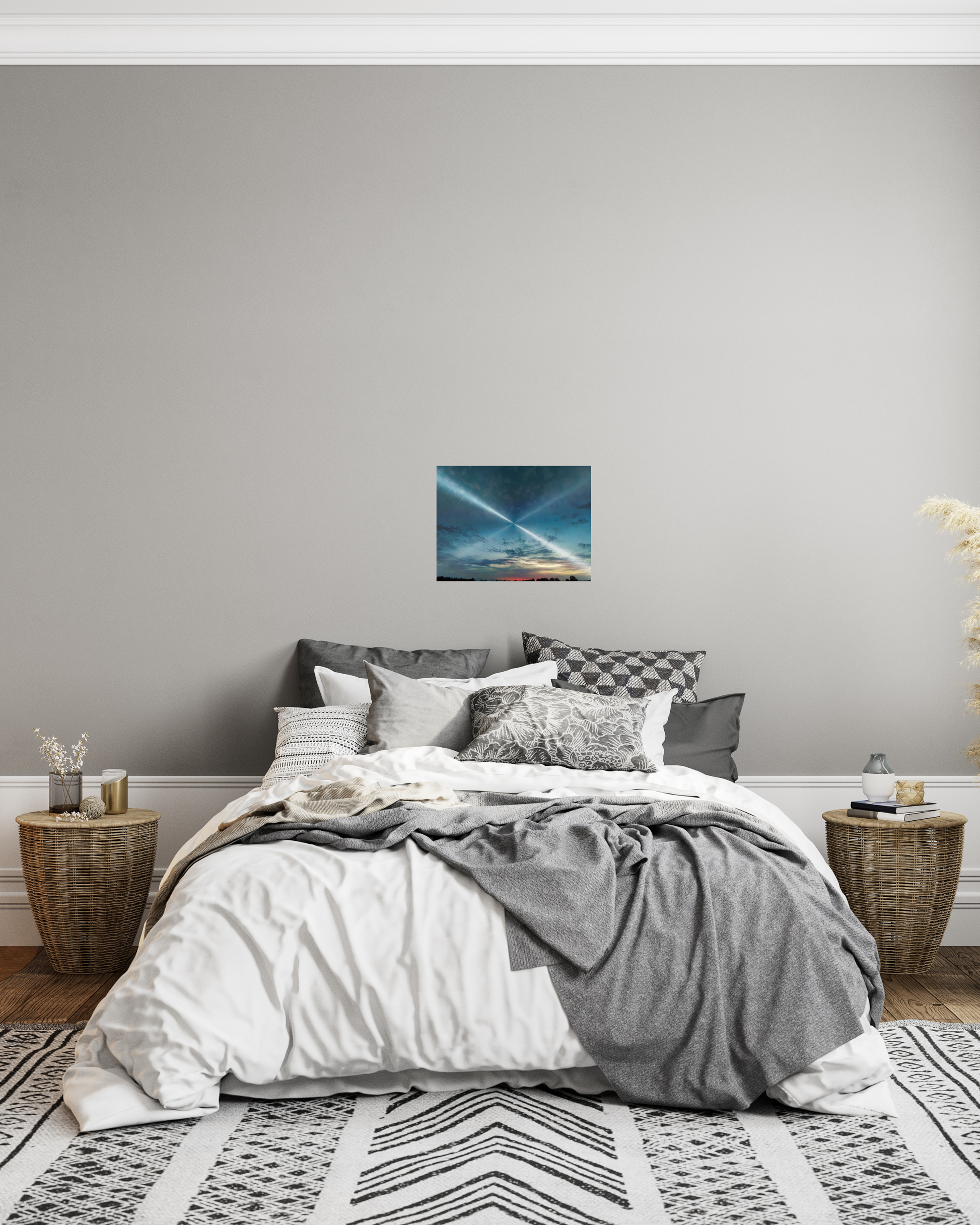 comfy bedroom with radiant blue cloudscape wall art print 