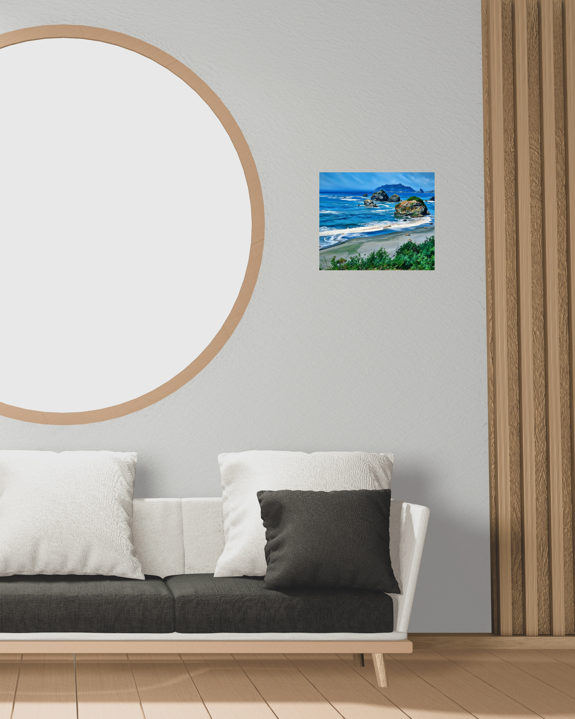 midcentury modern style living room with neutral toned furniture and vibrant toned ocean view wall art