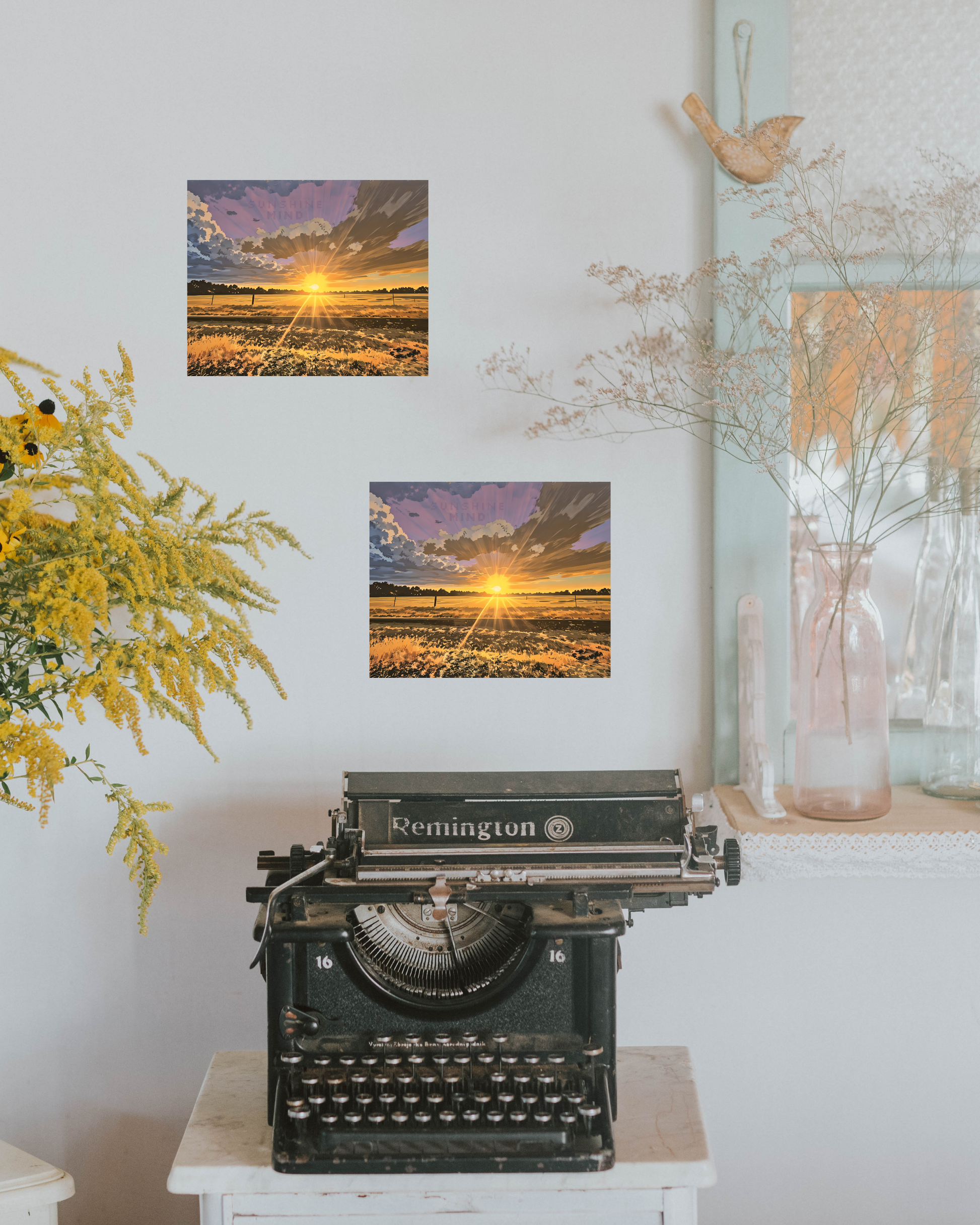 shabby chic decor with comic book style art print with golden sunset and purple skies