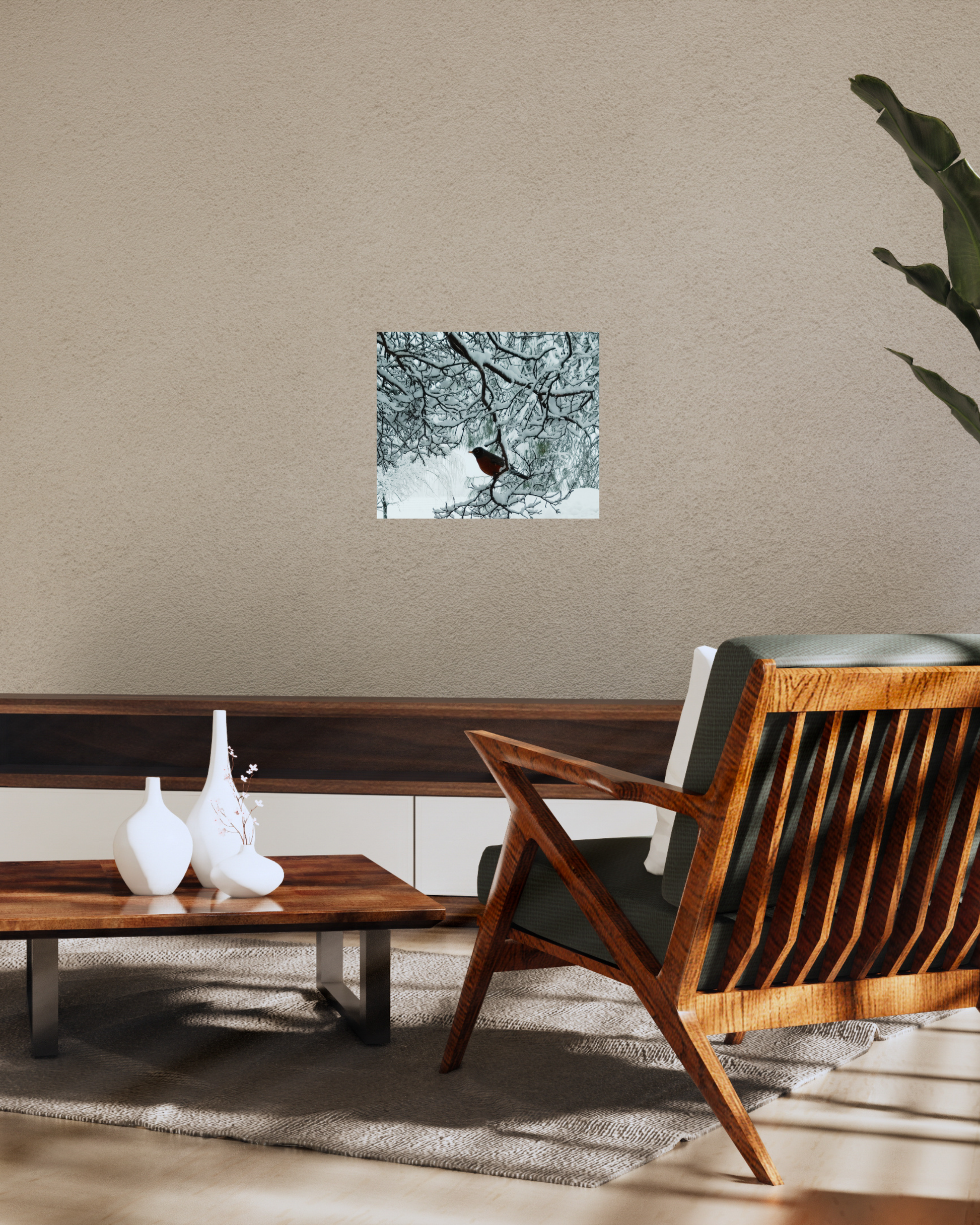 midcentury modern room with winter themed canvas wall art serene bird in snow scene