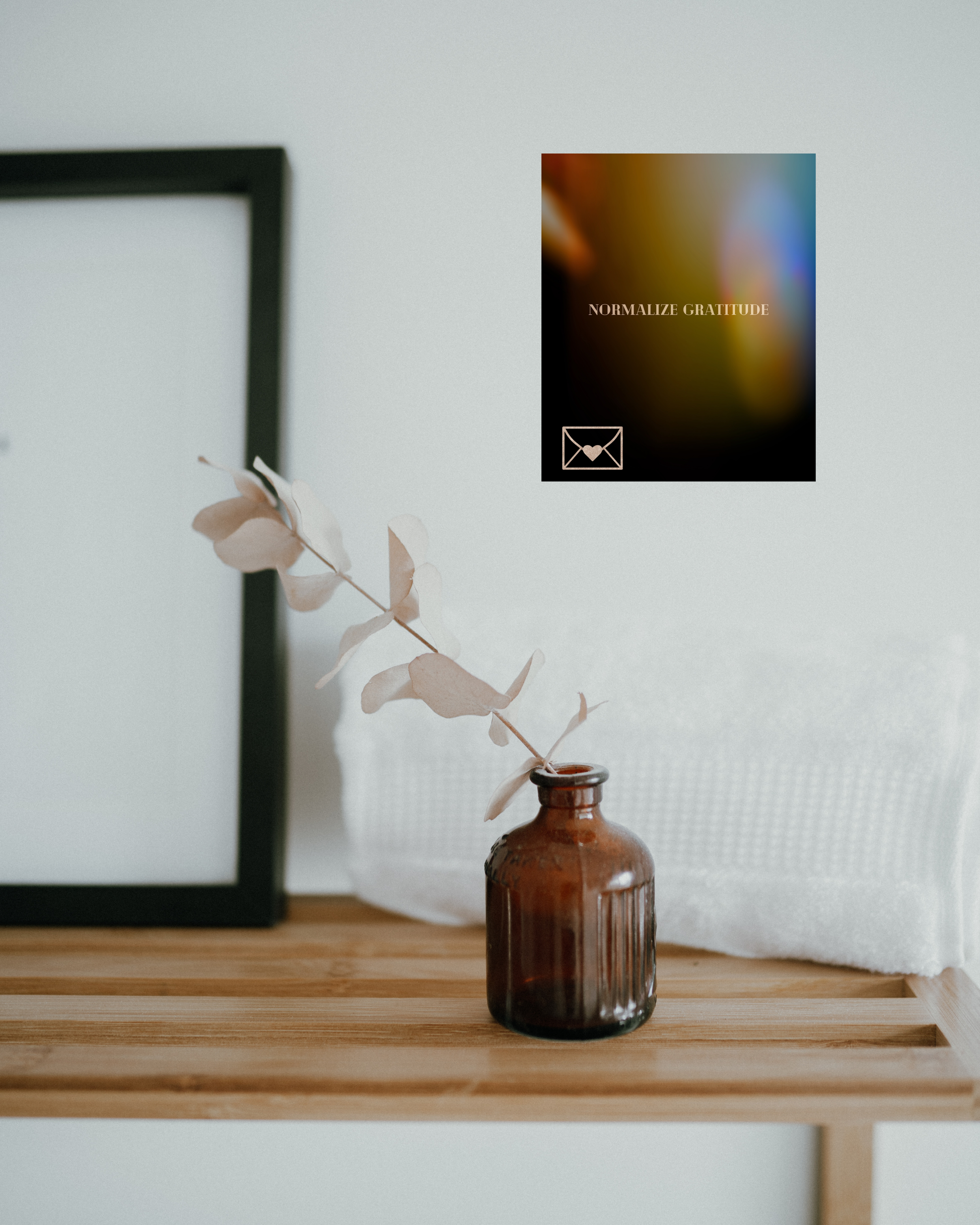 spa like room with calming decor and wall art depicting a 'sending gratitude' message