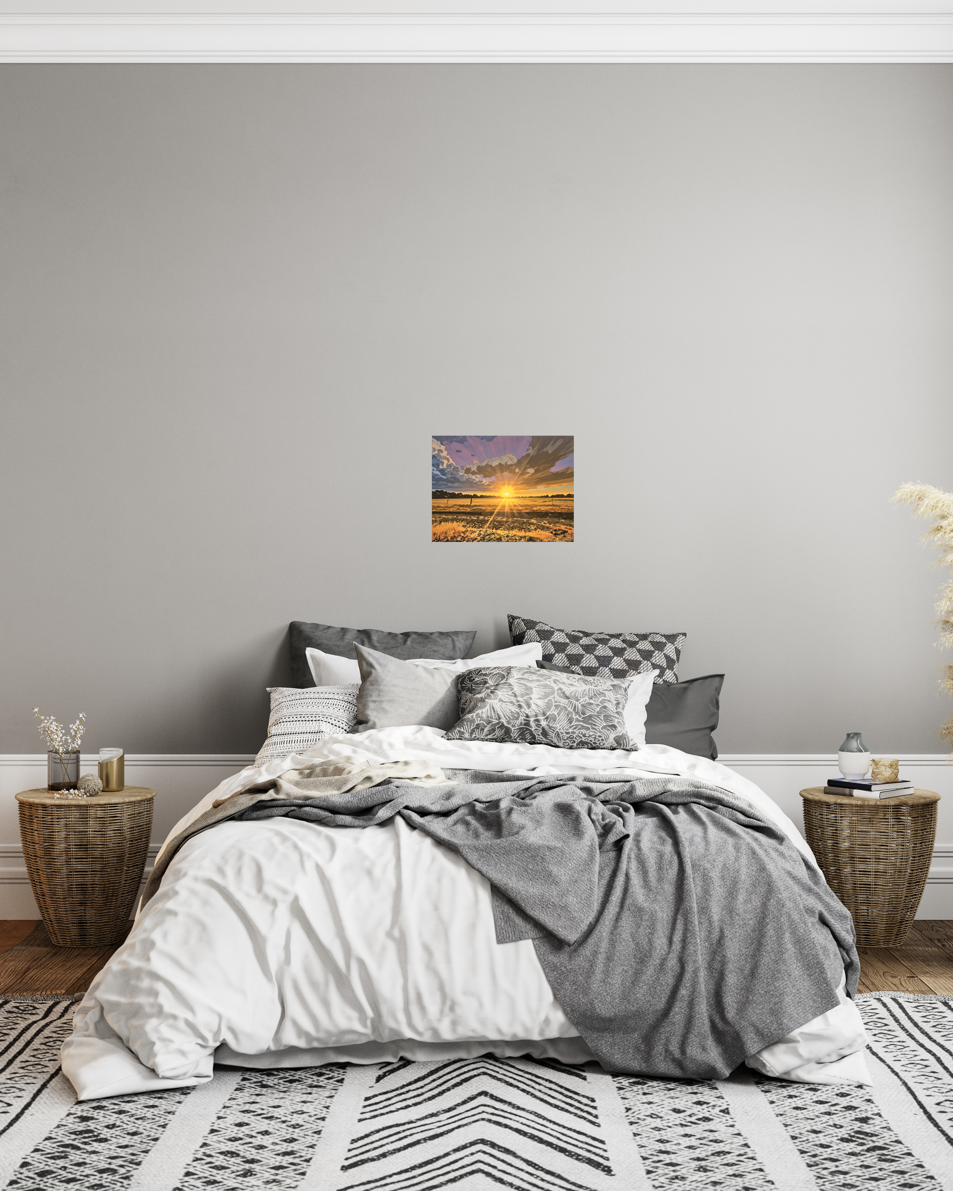 cozy bedroom with radiant sunset wall art. print showcases endless fields, golden sun, and purples skies with hidden message, 'sunshine mind'