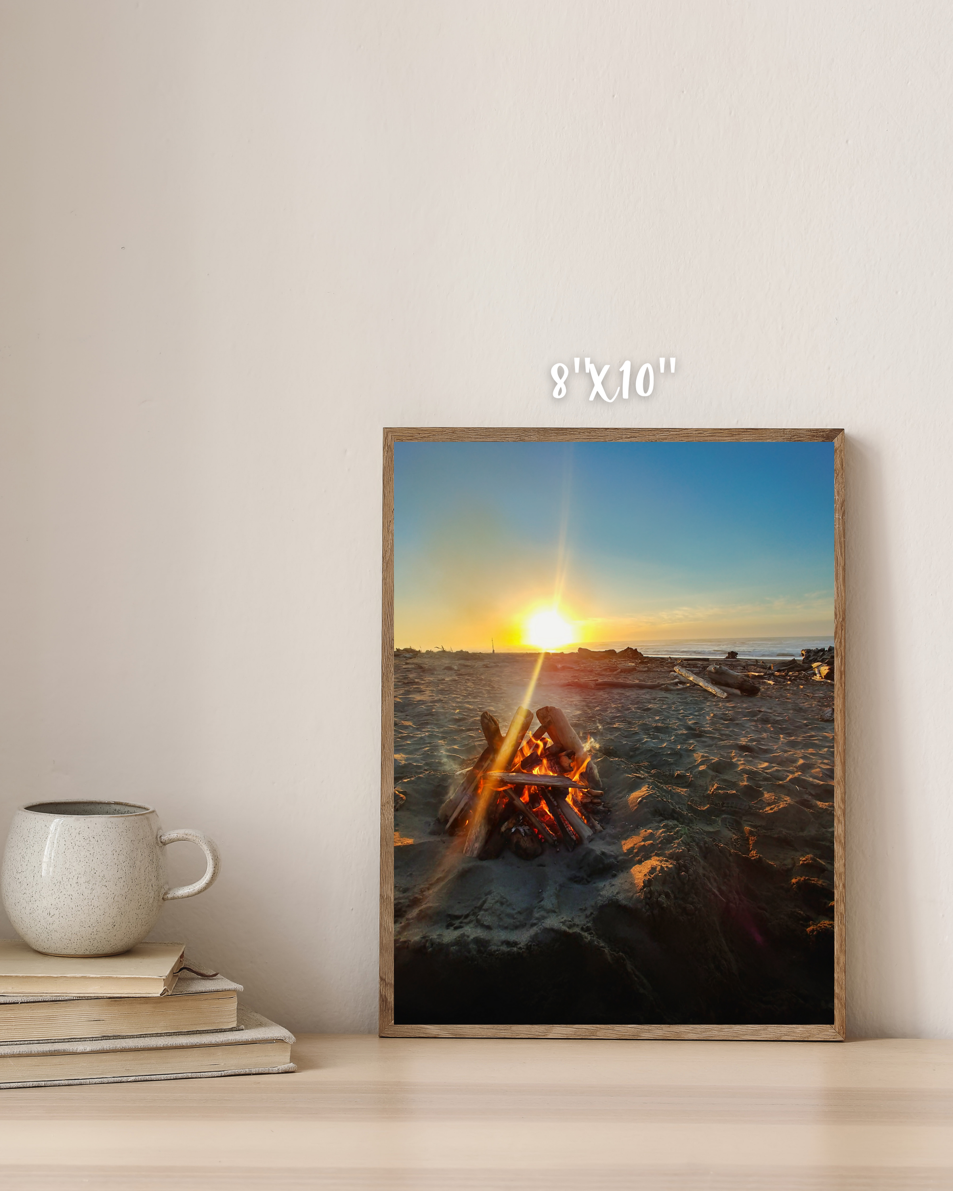 golden hour sunset beach bonfire driftwood photo print art set with simple coffee table decor
