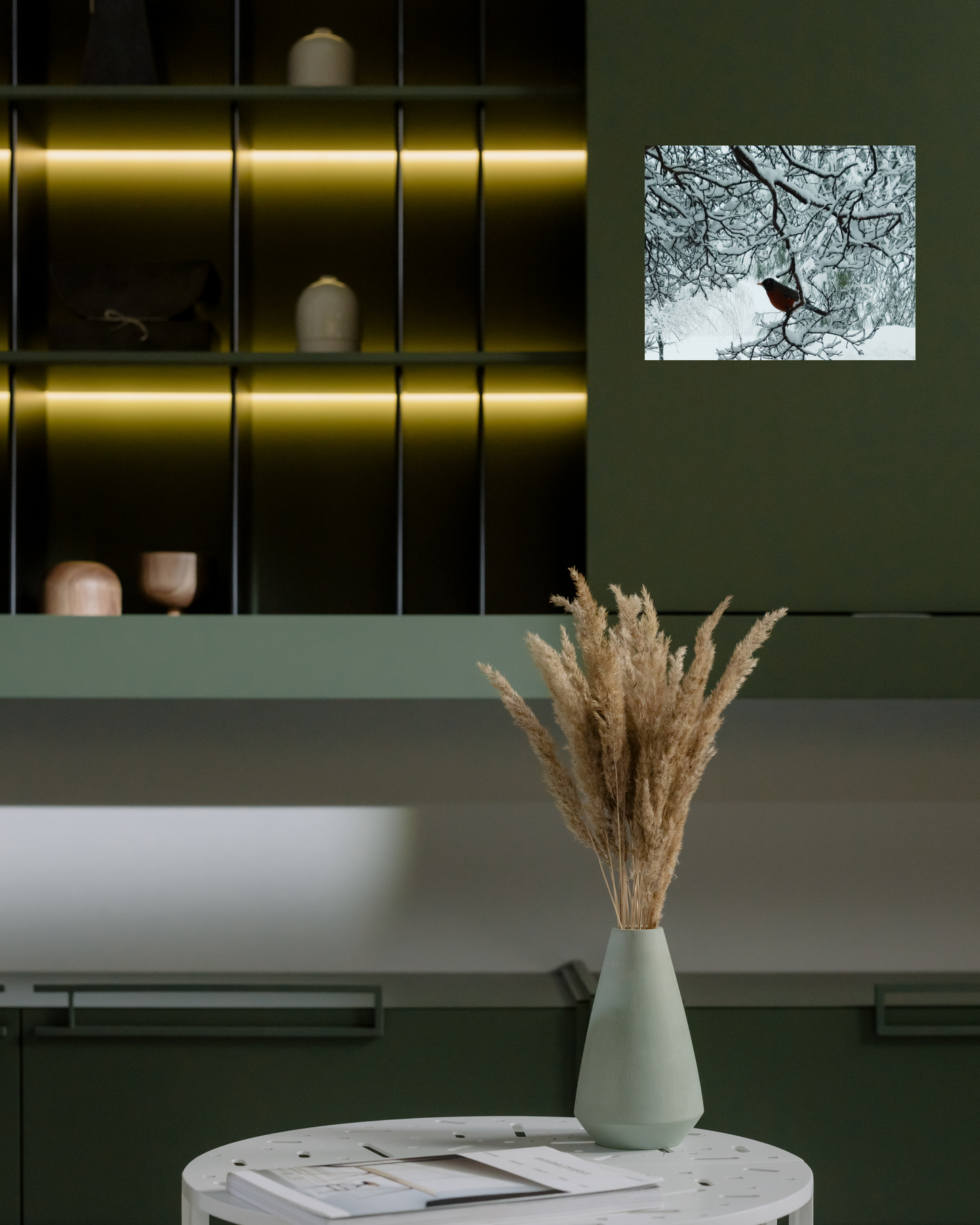 asian inspired contemporary room with natural tones and winter bird wall art