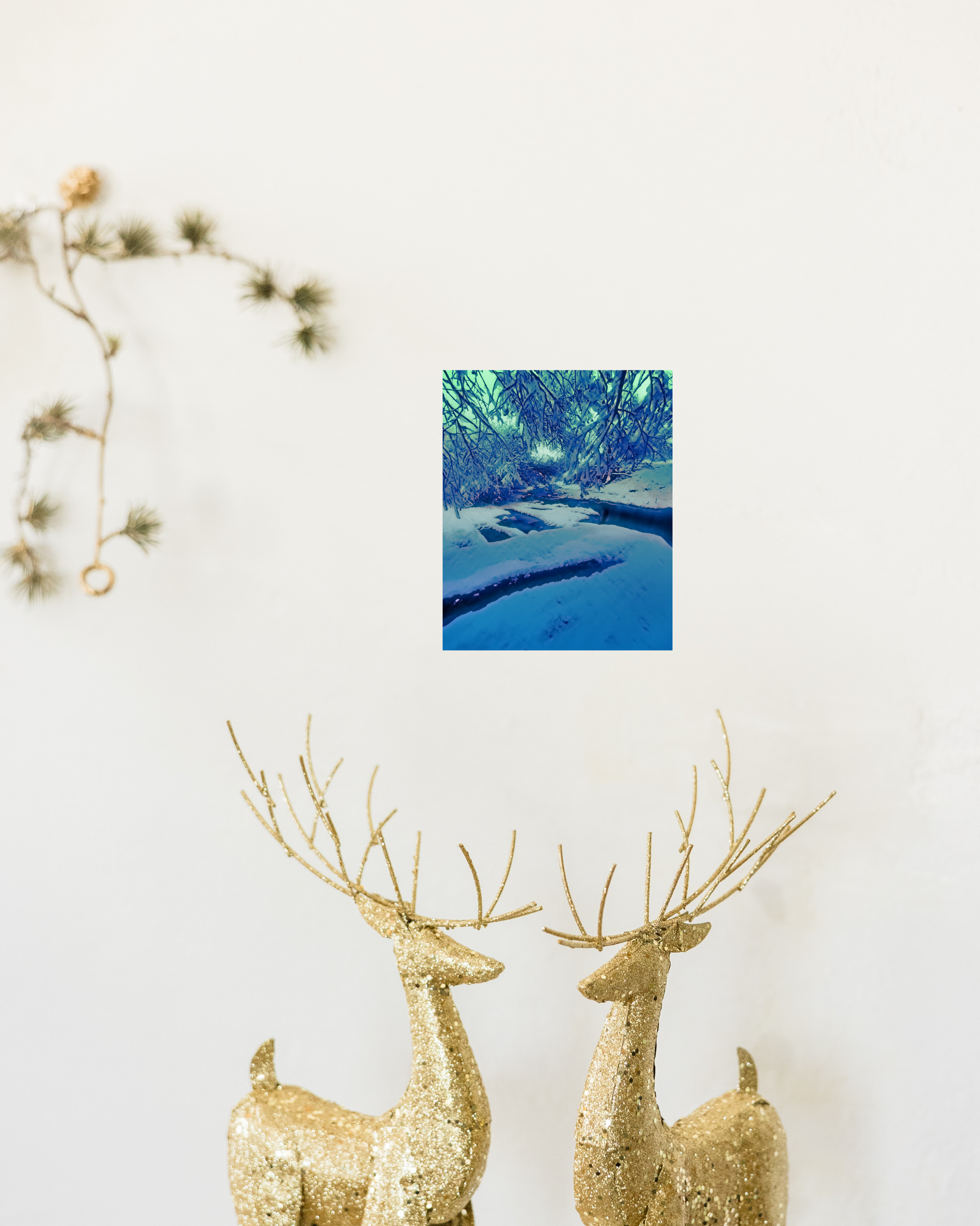 blue winter wonderland art print with subtle festive gold decor